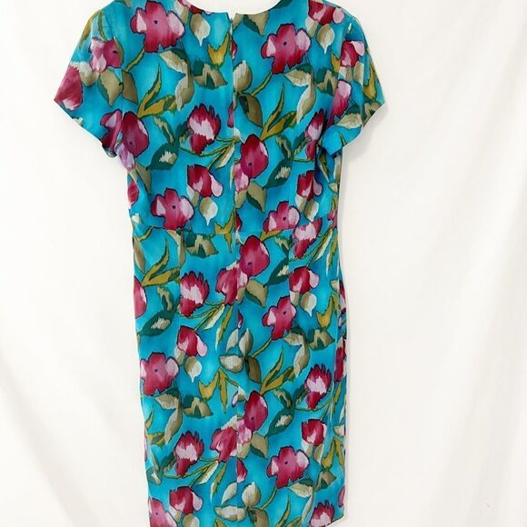 🟢Papell Petites 100% Silk Turquoise Teal Floral Sheath Dress Size 8 - Picture 5 of 7
